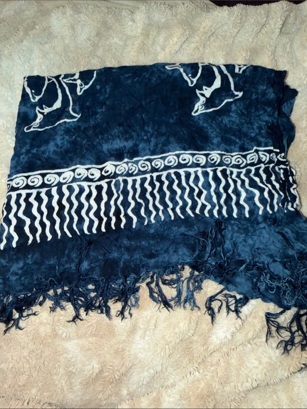 Navy Blue Printed Fringe Scarf Wrap